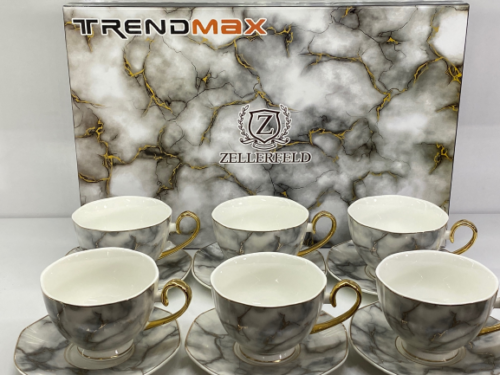 Kaffee Service 12Tlg. Tassen Untertassen Mamor Design Grau
